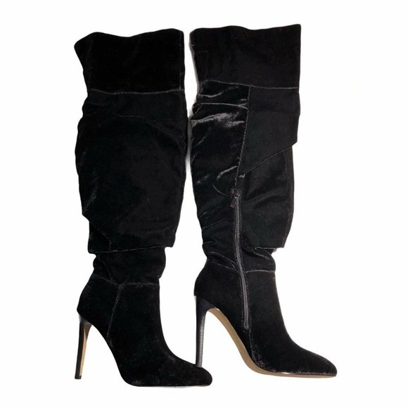 The FIX Moriah Thigh-High Slouch Black Velvet Over the Knee Women's Boots NEW - Picture 1 of 4